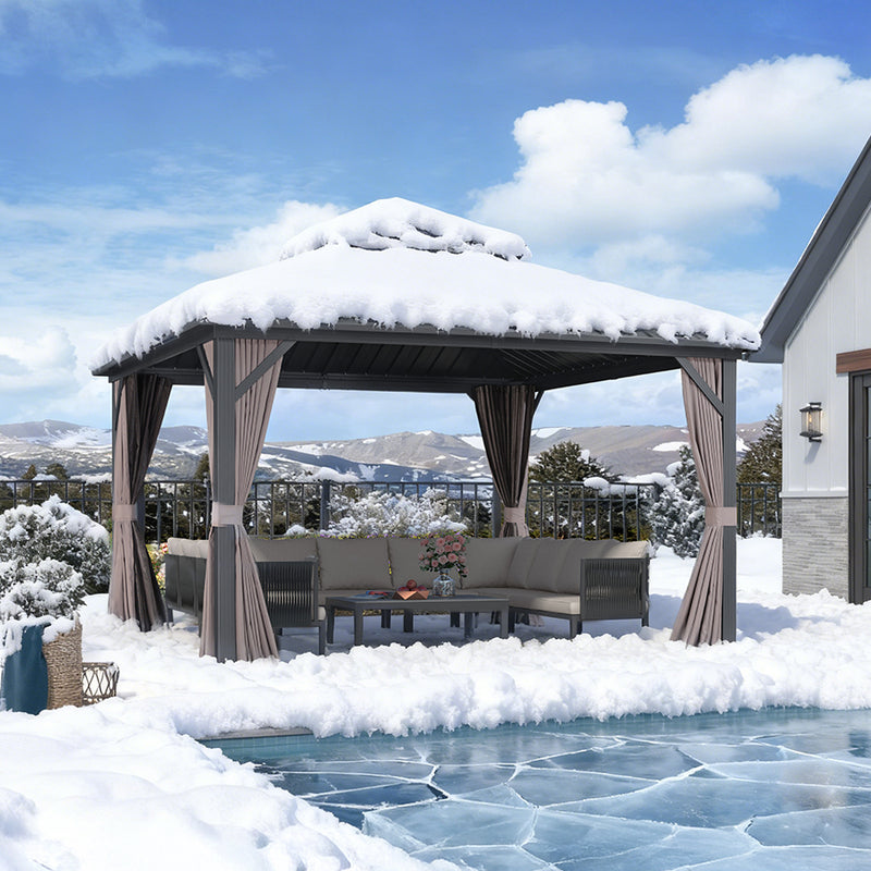 PURPLE LEAF Graues Hardtop-Pavillon mit strapazierfähigem verzinktem Stahl-Dach in Doppeldach-Ausführung mit Netz und Vorhängen