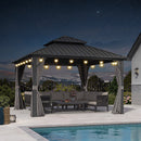 PURPLE LEAF Grauer Hardtop-Pavillon mit robustem Doppel-Dach aus verzinktem Stahl und Lichterkette - transparent