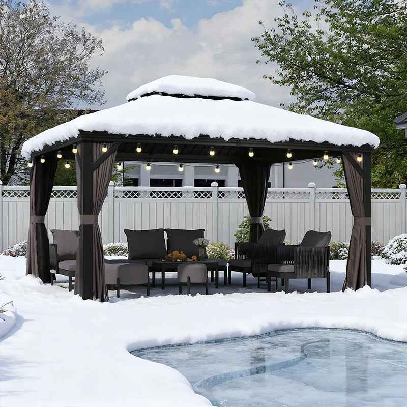 PURPLE LEAF Terrassen-Pavillon für den Garten, graues Hardtop-Dach aus verzinktem Stahl, Vordach mit Lichterkette - transparent