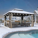 Purple Leaf Bronzer Hardtop-Gartenpavillon mit, verzinktem Stahl-Doppeldach, Netz und Vorhängen, milchweißen Lichterketten