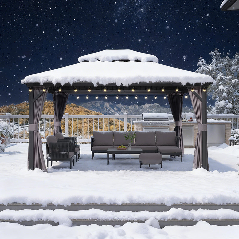 PURPLE LEAF Grauer Hardtop-Pavillon mit robustem Doppel-Dach aus verzinktem Stahl und Lichterkette - transparent