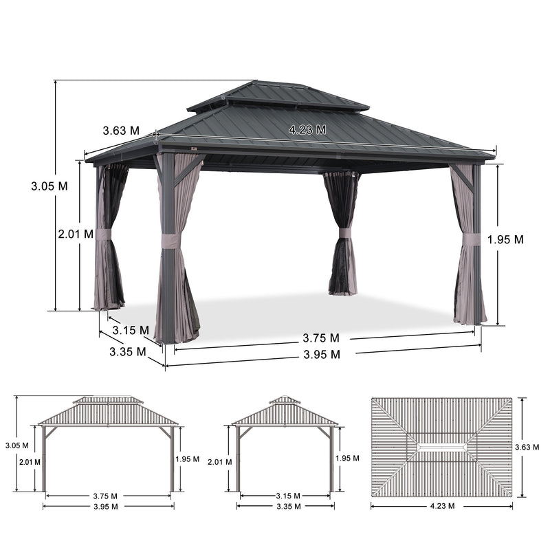 PURPLE LEAF Grauer Hardtop-Pavillon mit robustem Doppel-Dach aus verzinktem Stahl und Lichterkette - transparent