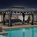 PURPLE LEAF Outdoor Hardtop Pavillon in Hellgrau mit Aluminiumrahmen und Doppel-Dach, mit milchweißer Lichterkette