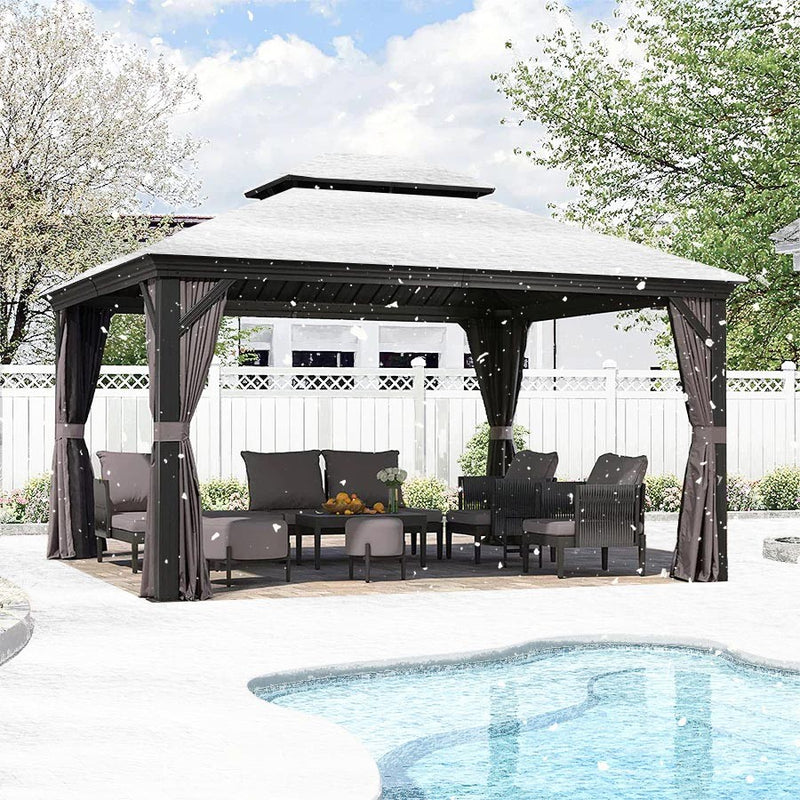 PURPLE LEAF Grau Alu Pavillon Wasserdicht Stabil Winterfest Wetterfest Gartenpavillon mit 4 Doppel Seitenteile Hardtop Pavillon mit Stahldach