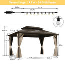 Purple Leaf Bronzer Hardtop-Gartenpavillon mit, verzinktem Stahl-Doppeldach, Netz und Vorhängen, klaren Lichterketten