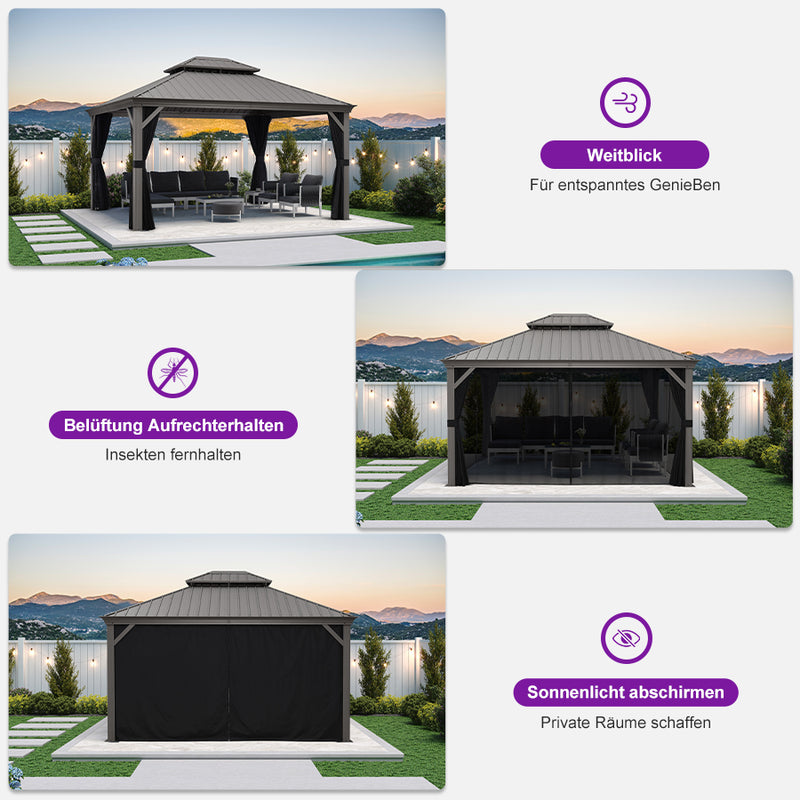 PURPLE LEAF Terrassenpavillon für den Garten | Hardtop mit verzinktem Stahlrahmen und Lichterkette  - transparent | Arktis Grau