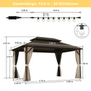 Purple Leaf Bronzer Hardtop-Gartenpavillon mit, verzinktem Stahl-Doppeldach, Netz und Vorhängen, milchweißen Lichterketten