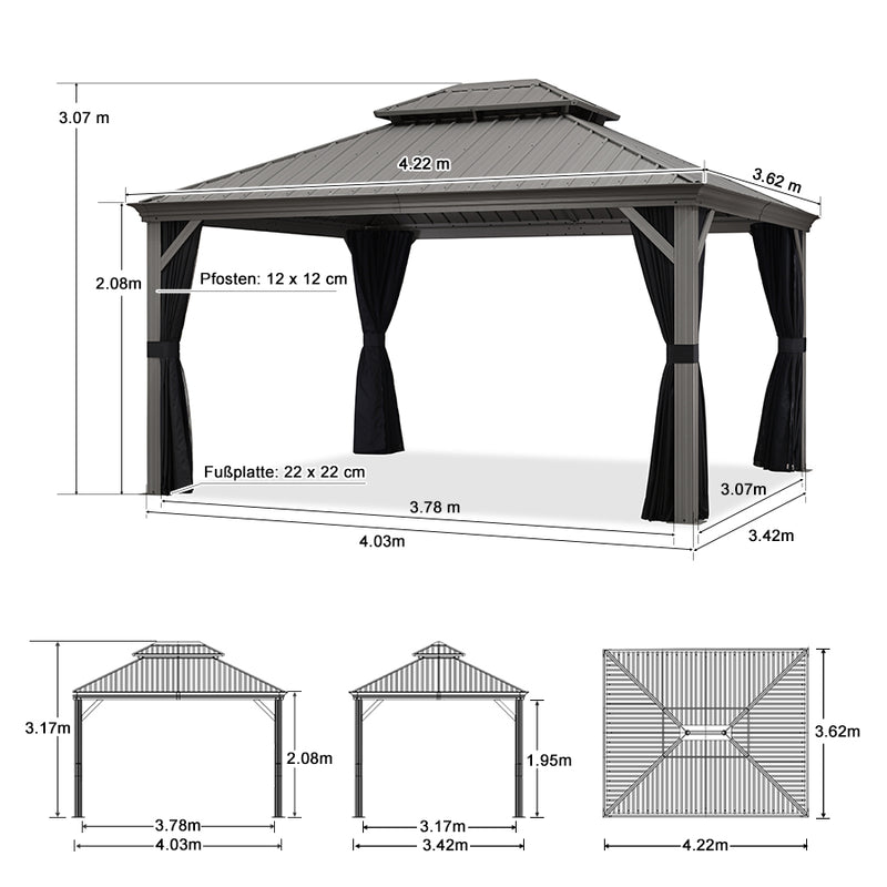 PURPLE LEAF Terrassenpavillon für den Garten | Hardtop mit verzinktem Stahlrahmen und Lichterkette  - transparent | Arktis Grau