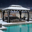 PURPLE LEAF Outdoor Hardtop Pavillon in Hellgrau mit Aluminiumrahmen und Doppel-Dach, mit milchweißer Lichterkette