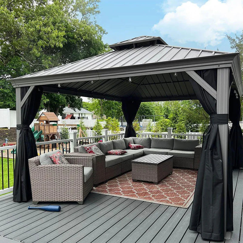 PURPLE LEAF Terrassenpavillon für den Garten | Hardtop mit verzinktem Stahlrahmen und Lichterkette | Arktis Grau