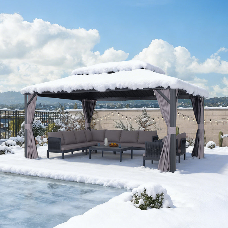 PURPLE LEAF Graues Hardtop-Pavillon mit strapazierfähigem verzinktem Stahl-Dach in Doppeldach-Ausführung mit Netz und Vorhängen