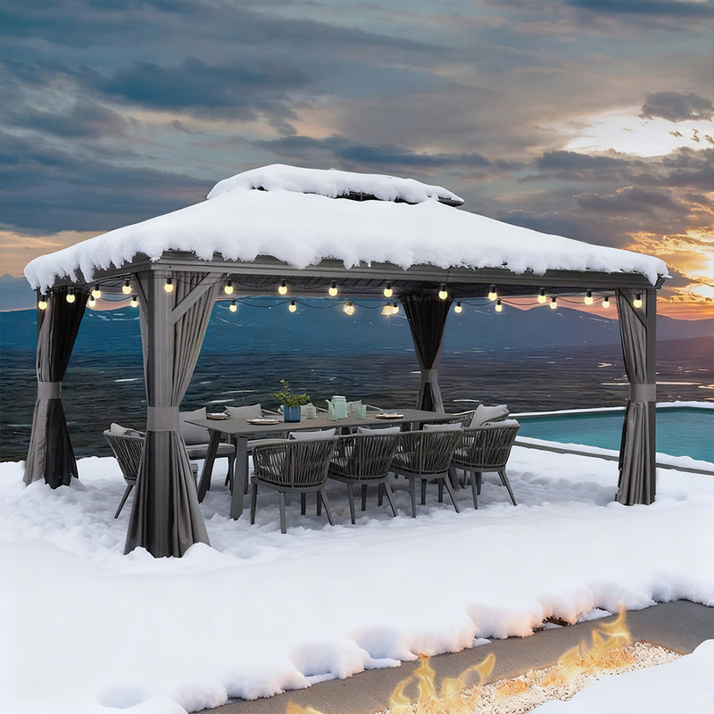 PURPLE LEAF Terrassen-Pavillon für den Garten, graues Hardtop-Dach aus verzinktem Stahl, Vordach mit Lichterkette - transparent