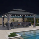 PURPLE LEAF Grauer Hardtop Pavillon mit robustem Doppeldach aus verzinktem Stahl und milchweißen Lichterketten