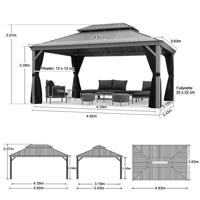 PURPLE LEAF Patio-Pavillon für den Garten Hardtop aus verzinktem Stahl mit verbesserten Vorhängen Arktis Grau