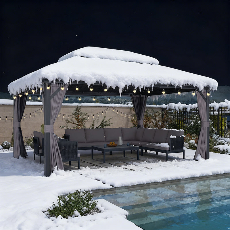 PURPLE LEAF Grauer Hardtop-Pavillon mit robustem Doppel-Dach aus verzinktem Stahl und Lichterkette - transparent