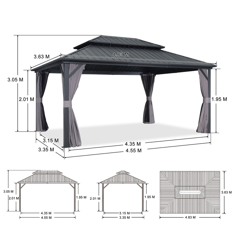 PURPLE LEAF Grauer Hardtop-Pavillon mit robustem Doppel-Dach aus verzinktem Stahl und Lichterkette - transparent