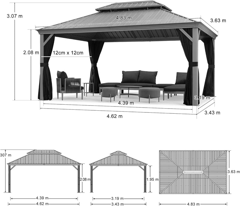 PURPLE LEAF Terrassenpavillon für den Garten | Hardtop mit verzinktem Stahlrahmen und Lichterkette | Arktis Grau
