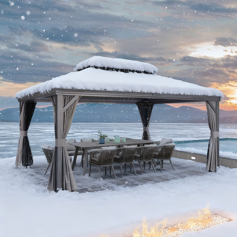 PURPLE LEAF Grau Alu Pavillon Wasserdicht Stabil Winterfest Wetterfest Gartenpavillon mit 4 Doppel Seitenteile Hardtop Pavillon mit Stahldach