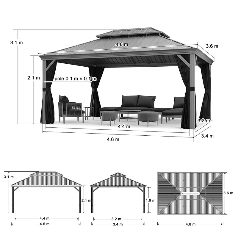 PURPLE LEAF Patio-Pavillon für den Garten | Hardtop aus verzinktem Stahl mit verbesserten Vorhängen | Hellgrau