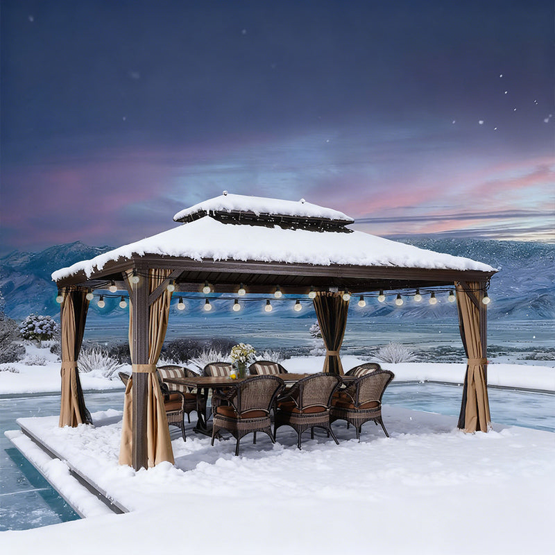 PURPLE LEAF Outdoor-Hardtop-Pavillon für den Garten, bronzefarbenes Doppel-Dach, Aluminiumrahmen, mit Lichterkette - klar
