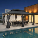 PURPLE LEAF Terrassen-Pavillon für den Garten, graues Hardtop-Dach aus verzinktem Stahl, Vordach mit Lichterkette - transparent