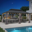 PURPLE LEAF Grauer Hardtop-Pavillon mit robustem Doppel-Dach aus verzinktem Stahl und Lichterkette - transparent