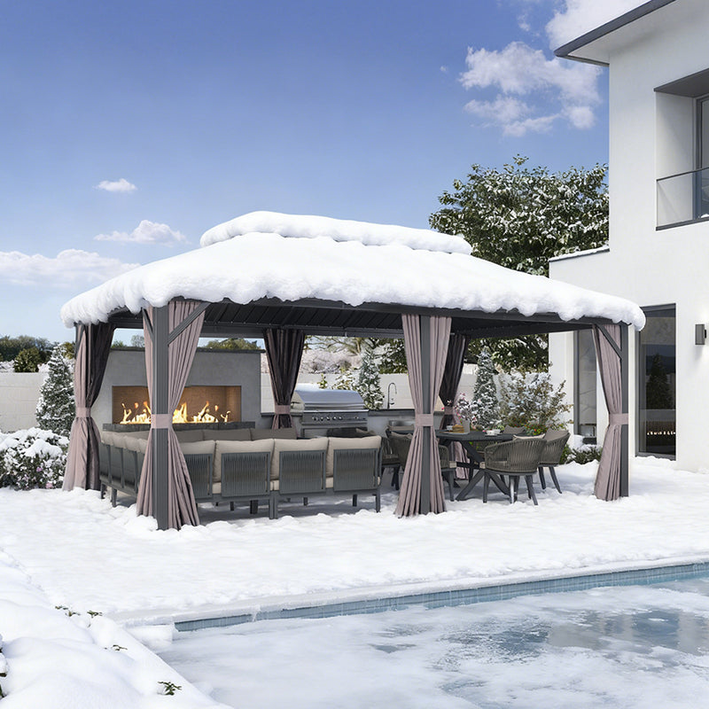 PURPLE LEAF Graues Hardtop-Pavillon mit strapazierfähigem verzinktem Stahl-Dach in Doppeldach-Ausführung mit Netz und Vorhängen