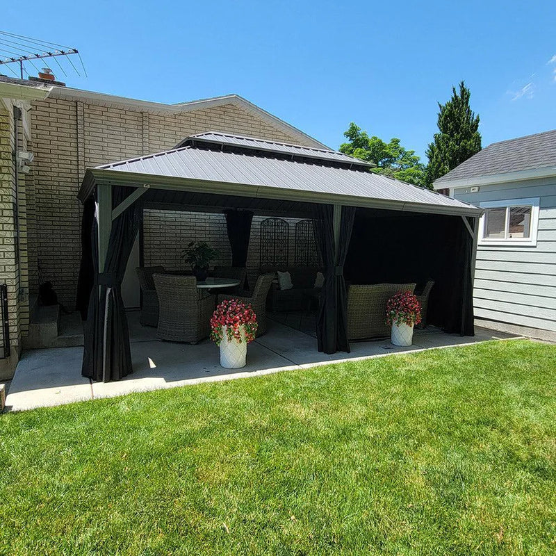 PURPLE LEAF Terrassenpavillon für den Garten | Hardtop mit verzinktem Stahlrahmen und Lichterkette  - transparent | Arktis Grau