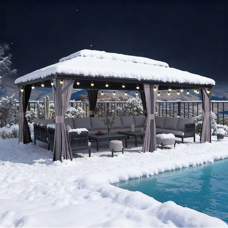 PURPLE LEAF Grauer Hardtop-Pavillon mit robustem Doppel-Dach aus verzinktem Stahl und Lichterkette - transparent