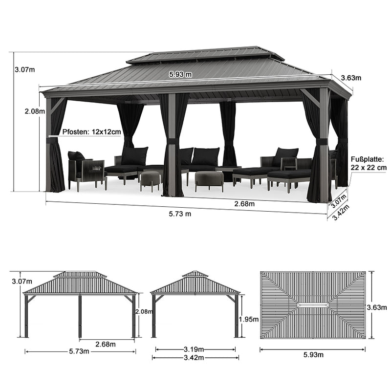PURPLE LEAF Patio-Pavillon für den Garten Hardtop aus verzinktem Stahl mit verbesserten Vorhängen Arktis Grau