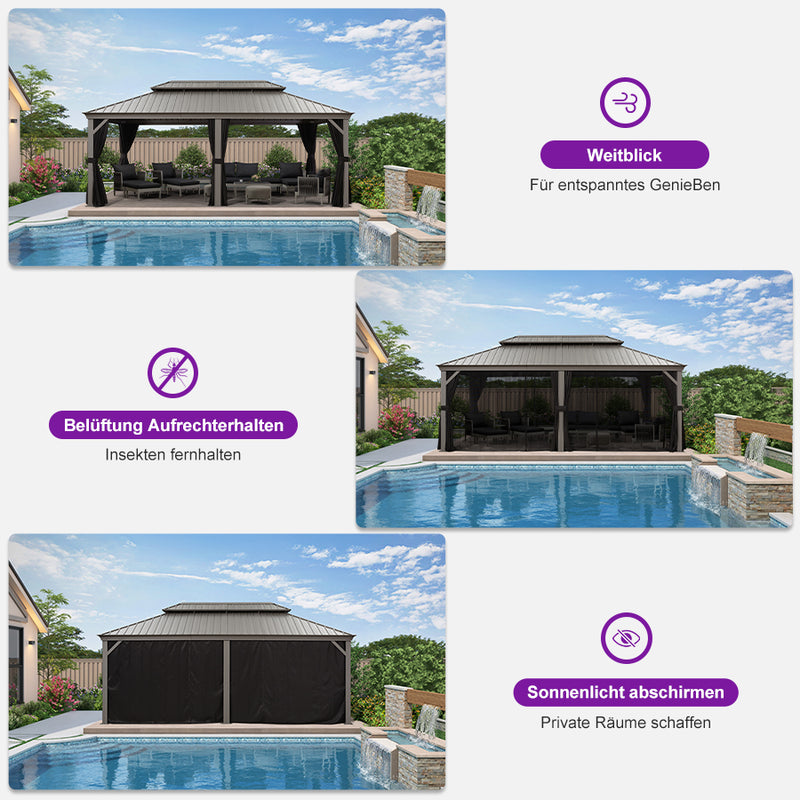 PURPLE LEAF Terrassenpavillon für den Garten | Hardtop mit verzinktem Stahlrahmen und Lichterkette  - transparent | Arktis Grau