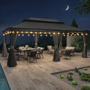 PURPLE LEAF Terrassen-Pavillon für den Garten, graues Hardtop-Dach aus verzinktem Stahl, Vordach mit Lichterkette - transparent