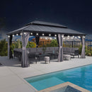 PURPLE LEAF Grauer Hardtop Pavillon mit robustem Doppeldach aus verzinktem Stahl und milchweißen Lichterketten