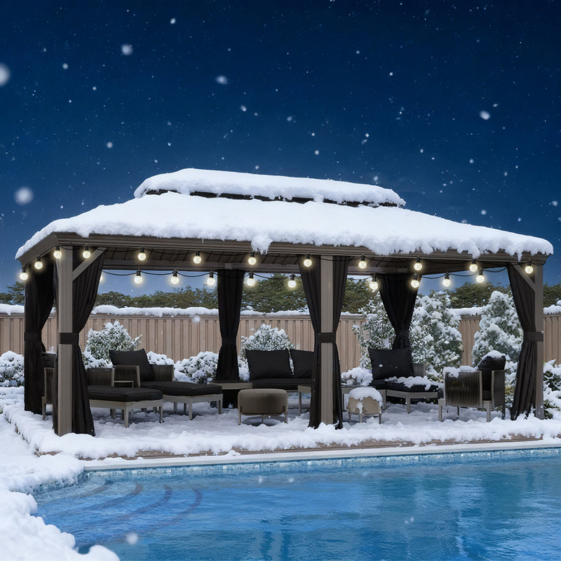 PURPLE LEAF Terrassenpavillon für den Garten | Hardtop mit verzinktem Stahlrahmen und Lichterkette  - transparent | Arktis Grau