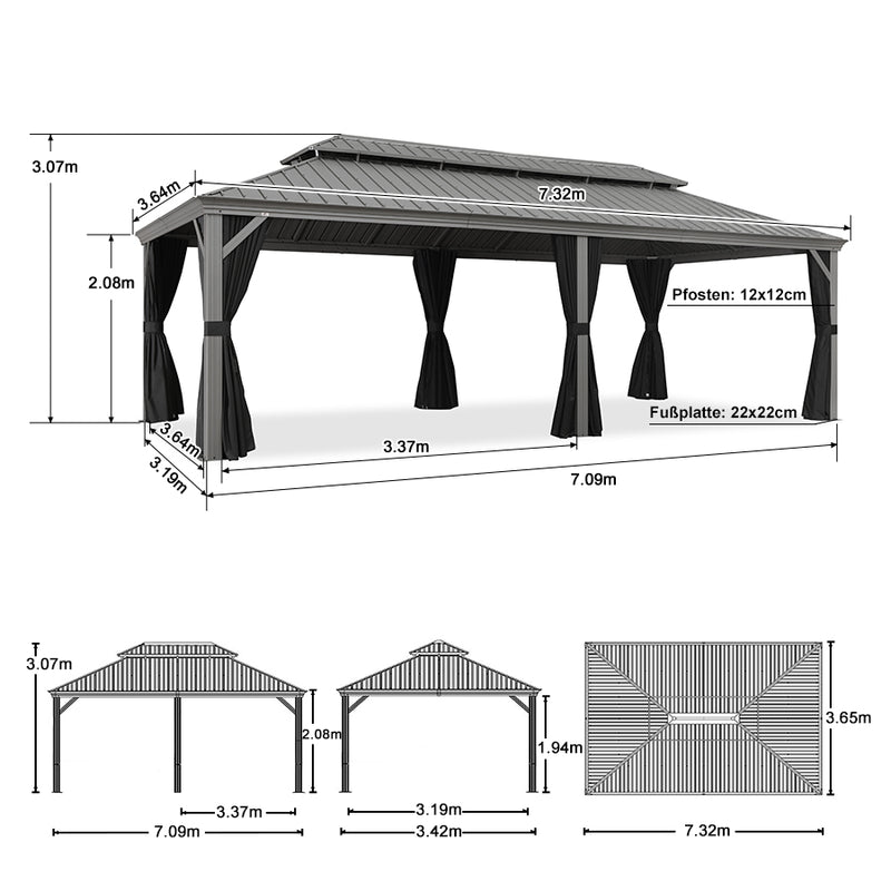 PURPLE LEAF Terrassenpavillon für den Garten | Hardtop mit verzinktem Stahlrahmen und Lichterkette  - transparent | Arktis Grau