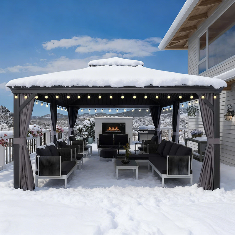 PURPLE LEAF Terrassen-Pavillon für den Garten, graues Hardtop-Dach aus verzinktem Stahl, Vordach mit Lichterkette - transparent