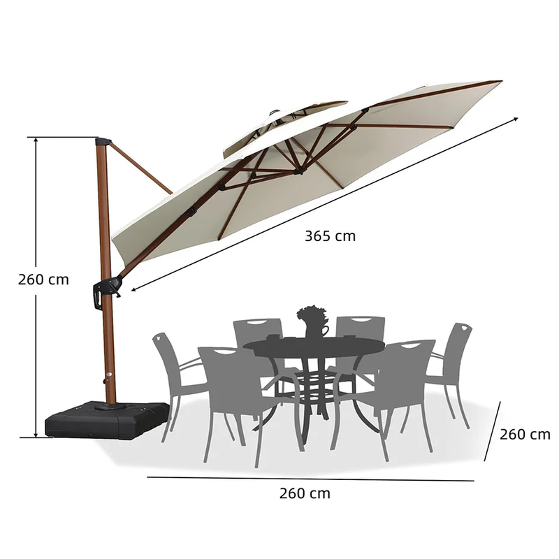 PURPLE LEAF Runder Sonnenschirm aus Aluminium in Holzfarbe mit Schirmständer