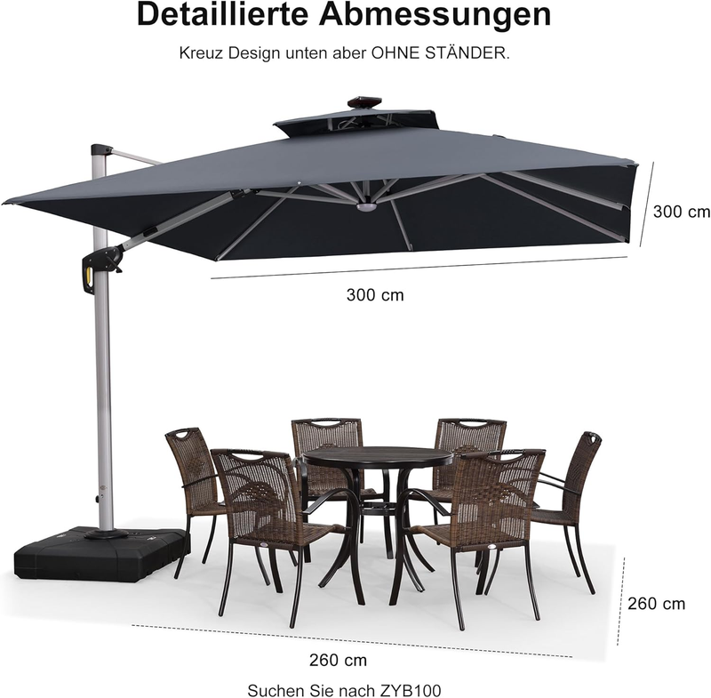 PURPLE LEAF Sonnenschirm Balkon Ampelschirm Drehbar Neigbar Kippbar Marktschirm Groß 360°Rotation, mit LED