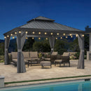 PURPLE LEAF Terrassen-Pavillon für den Garten, graues Hardtop-Dach aus verzinktem Stahl, Vordach mit Lichterkette - transparent