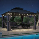 PURPLE LEAF Terrassen-Pavillon in Grau wetterfest mit Hardtop-Dach aus verzinktem Stahl, milchweiße Lichterkette