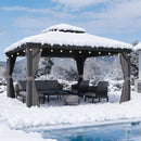 PURPLE LEAF Terrassen-Pavillon für den Garten, graues Hardtop-Dach aus verzinktem Stahl, Vordach mit Lichterkette - transparent