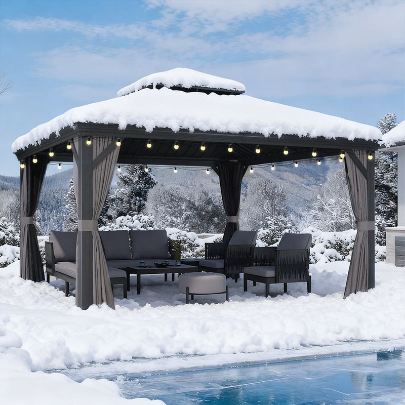 PURPLE LEAF Terrassen-Pavillon für den Garten, graues Hardtop-Dach aus verzinktem Stahl, Vordach mit Lichterkette - transparent