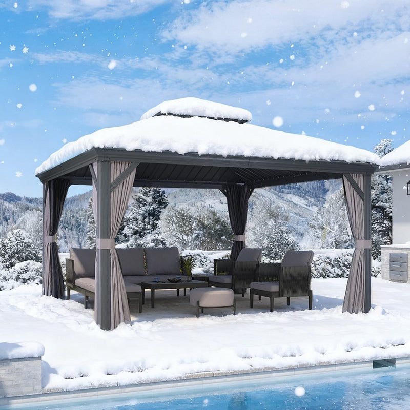 PURPLE LEAF Grau Alu Pavillon Wasserdicht Stabil Winterfest Wetterfest Gartenpavillon mit 4 Doppel Seitenteile Hardtop Pavillon mit Stahldach