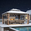 PURPLE LEAF Hardtop Pavillon für den Garten, bronzefarbenes Doppel-Dach, Aluminiumrahmen, mit milchweißer Lichterkette