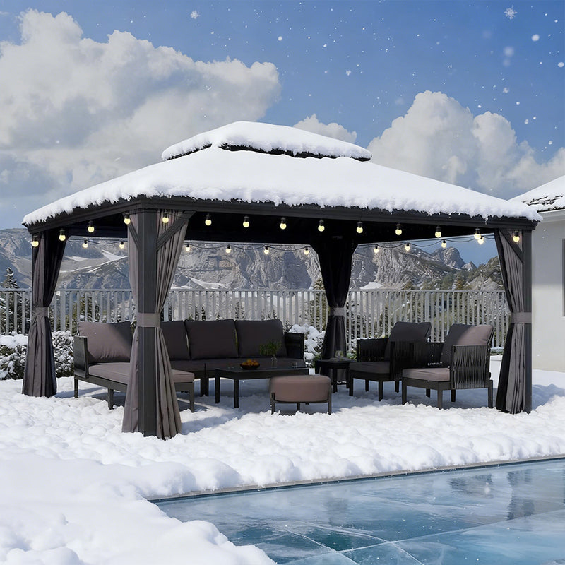 PURPLE LEAF Terrassen-Pavillon für den Garten, graues Hardtop-Dach aus verzinktem Stahl, Vordach mit Lichterkette - transparent