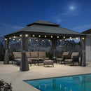 PURPLE LEAF Terrassen-Pavillon für den Garten, graues Hardtop-Dach aus verzinktem Stahl, Vordach mit Lichterkette - transparent