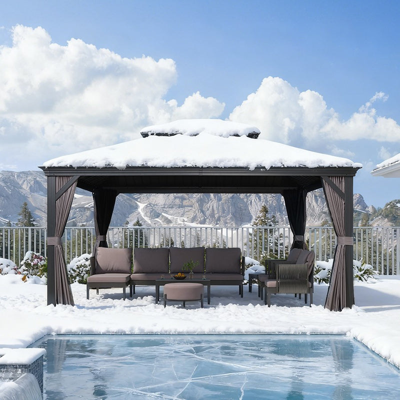 PURPLE LEAF Grau Alu Pavillon Wasserdicht Stabil Winterfest Wetterfest Gartenpavillon mit 4 Doppel Seitenteile Hardtop Pavillon mit Stahldach