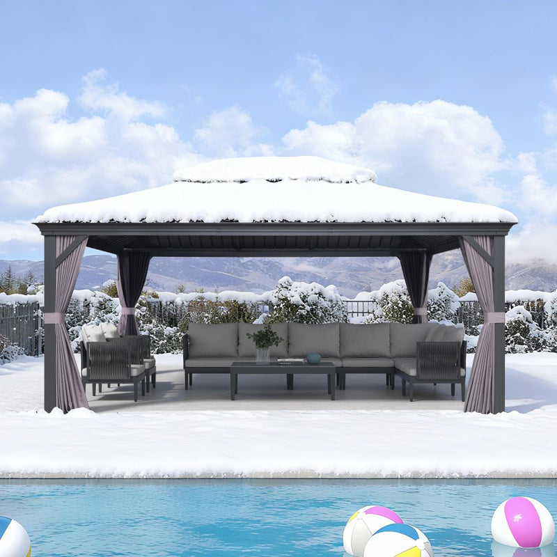 PURPLE LEAF Grau Alu Pavillon Wasserdicht Stabil Winterfest Wetterfest Gartenpavillon mit 4 Doppel Seitenteile Hardtop Pavillon mit Stahldach