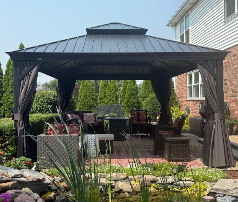 PURPLE LEAF Grau Alu Pavillon Wasserdicht Stabil Winterfest Wetterfest Gartenpavillon mit 4 Doppel Seitenteile Hardtop Pavillon mit Stahldach