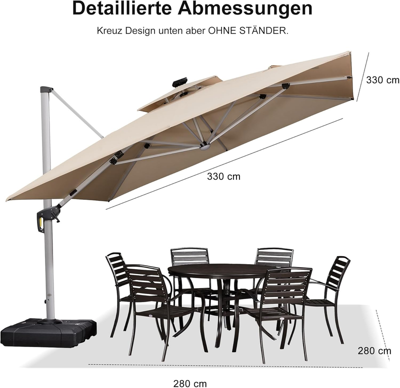 PURPLE LEAF Sonnenschirm Balkon Ampelschirm Drehbar Neigbar Kippbar Marktschirm Groß 360°Rotation, mit LED